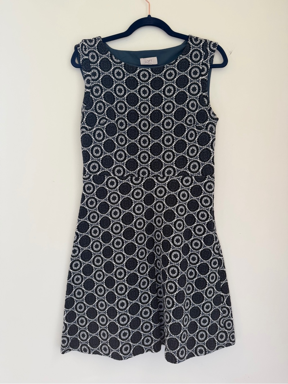 LOFT Black and White Circle-Print Sleeveless Fit-and-Flare Dress